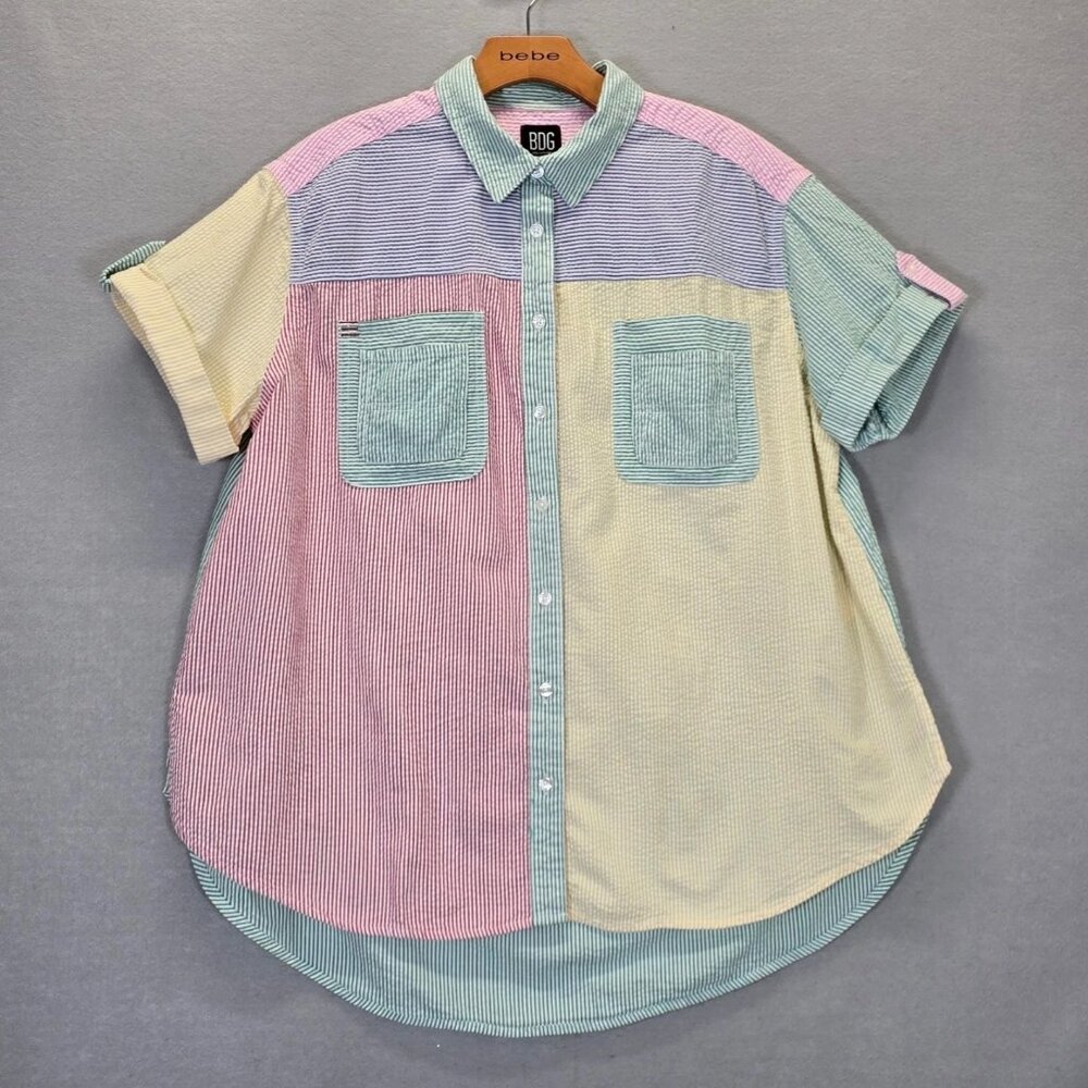 BDG Urban Outfitters Multi-Color Seersucker Collared Button Front Top Medium